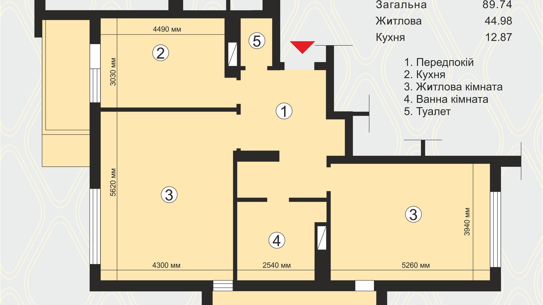 Планування 2-кімнатної квартири в ЖК Вишневий квартал 89.74 м², фото 41385