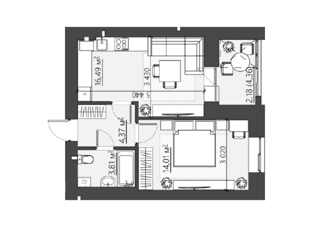 ЖК Family City: планування 1-кімнатної квартири 43.04 м²