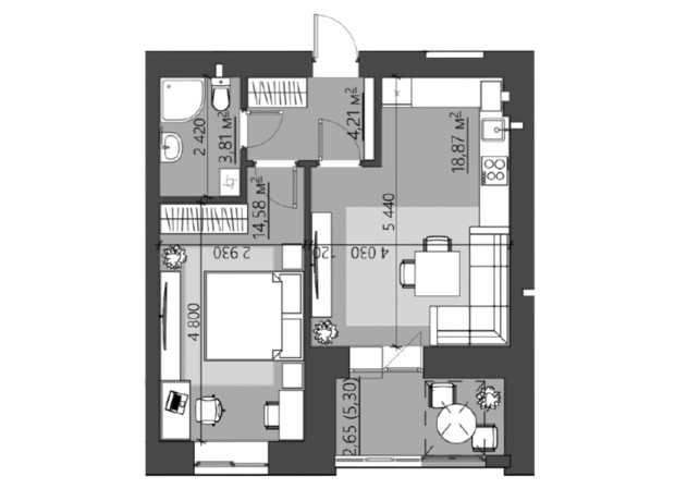 ЖК Family City: планировка 1-комнатной квартиры 46.78 м²