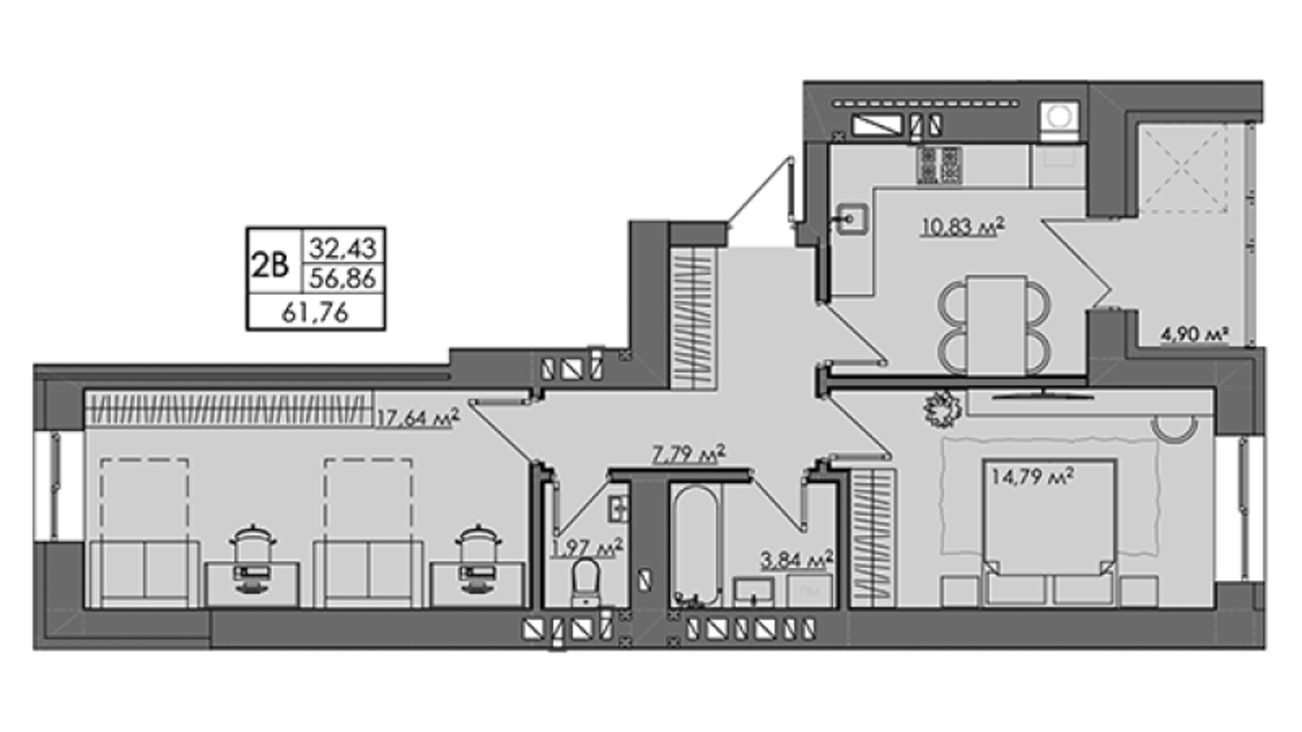 Планировка 2-комнатной квартиры в ЖК Central City apartments 61.3 м², фото 413995