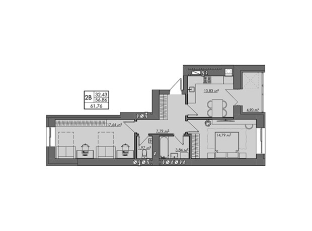 ЖК Central City apartments: планування 2-кімнатної квартири 61.3 м²
