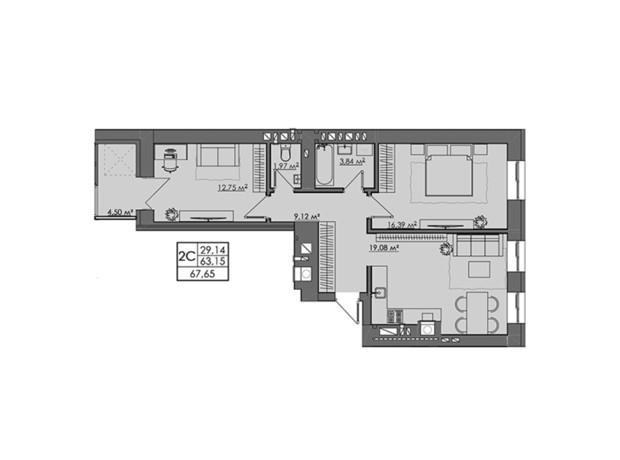 ЖК Central City apartments: планування 2-кімнатної квартири 67.65 м²