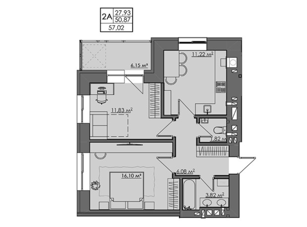 ЖК Central City apartments: планировка 2-комнатной квартиры 56 м²