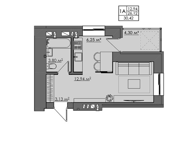 ЖК Central City apartments: планировка 1-комнатной квартиры 29.28 м²