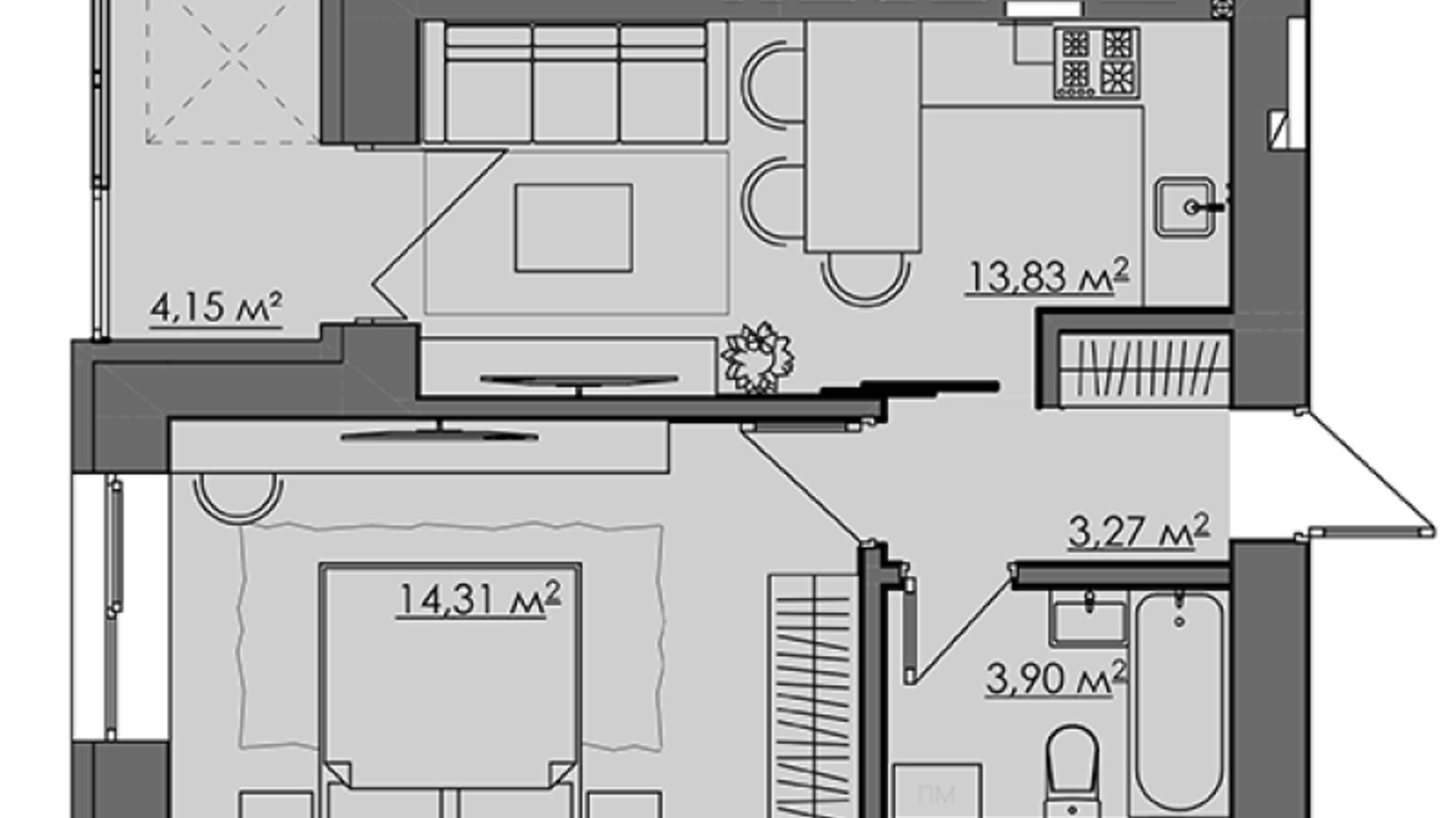 Планировка 1-комнатной квартиры в ЖК Central City apartments 39.08 м², фото 414002