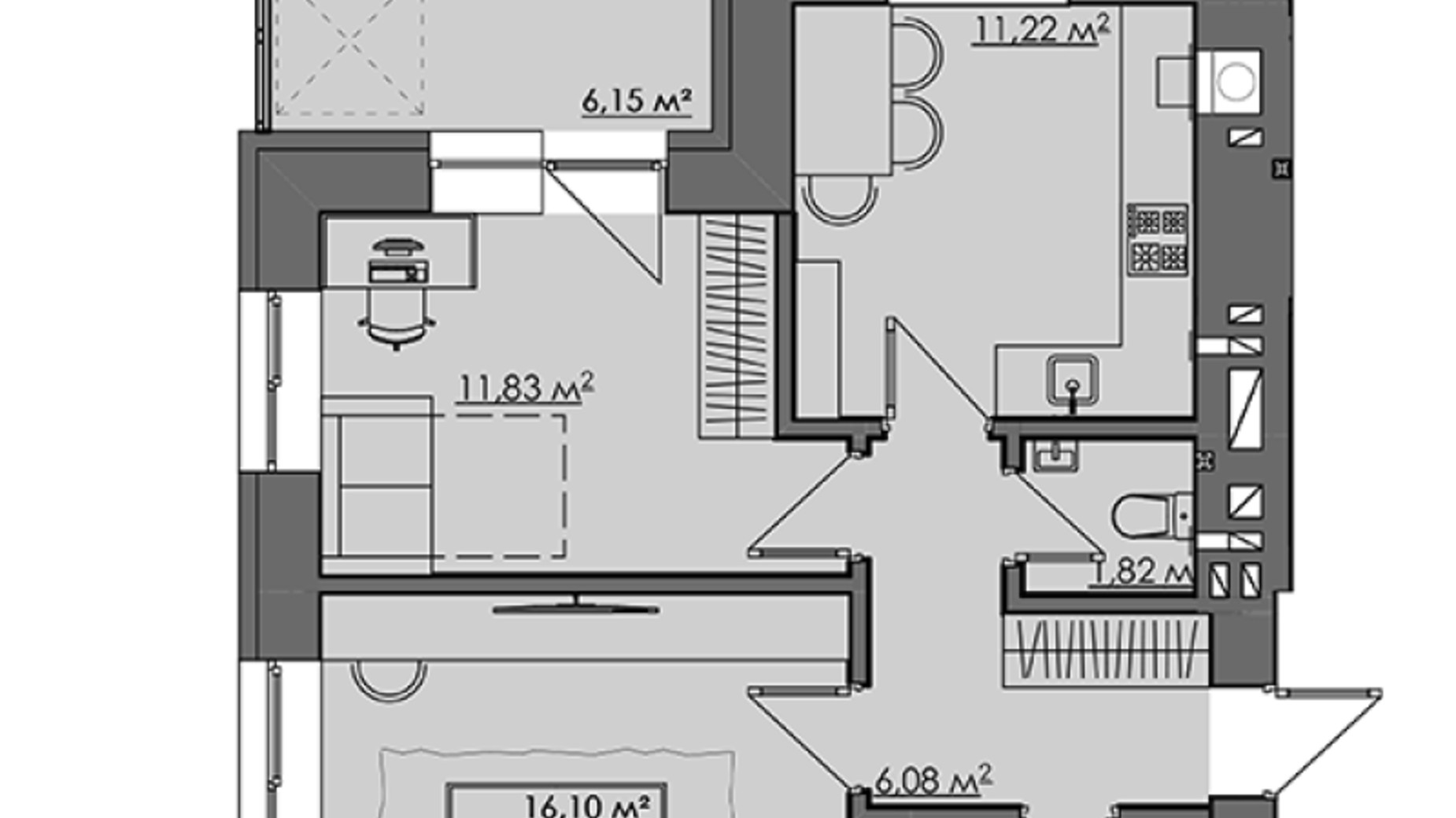 Планировка 2-комнатной квартиры в ЖК Central City apartments 57.02 м², фото 414003