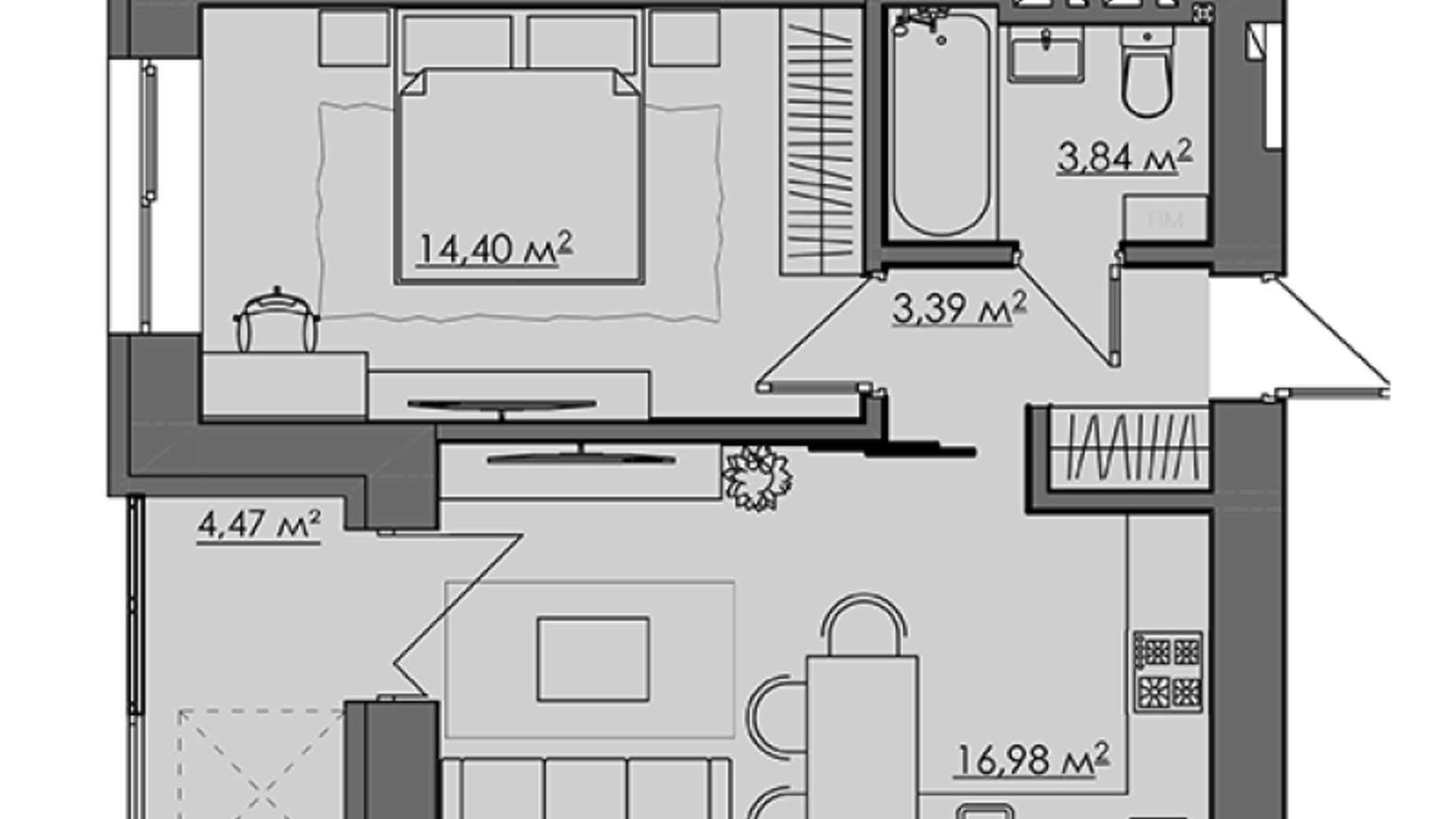 Планировка 1-комнатной квартиры в ЖК Central City apartments 43.08 м², фото 414004