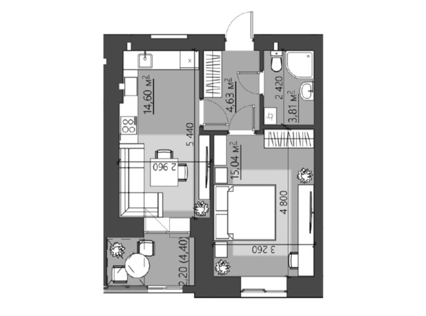 ЖК Family City: планування 1-кімнатної квартири 42.48 м²