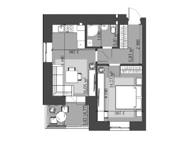 ЖК Family City: планировка 1-комнатной квартиры 45.53 м²