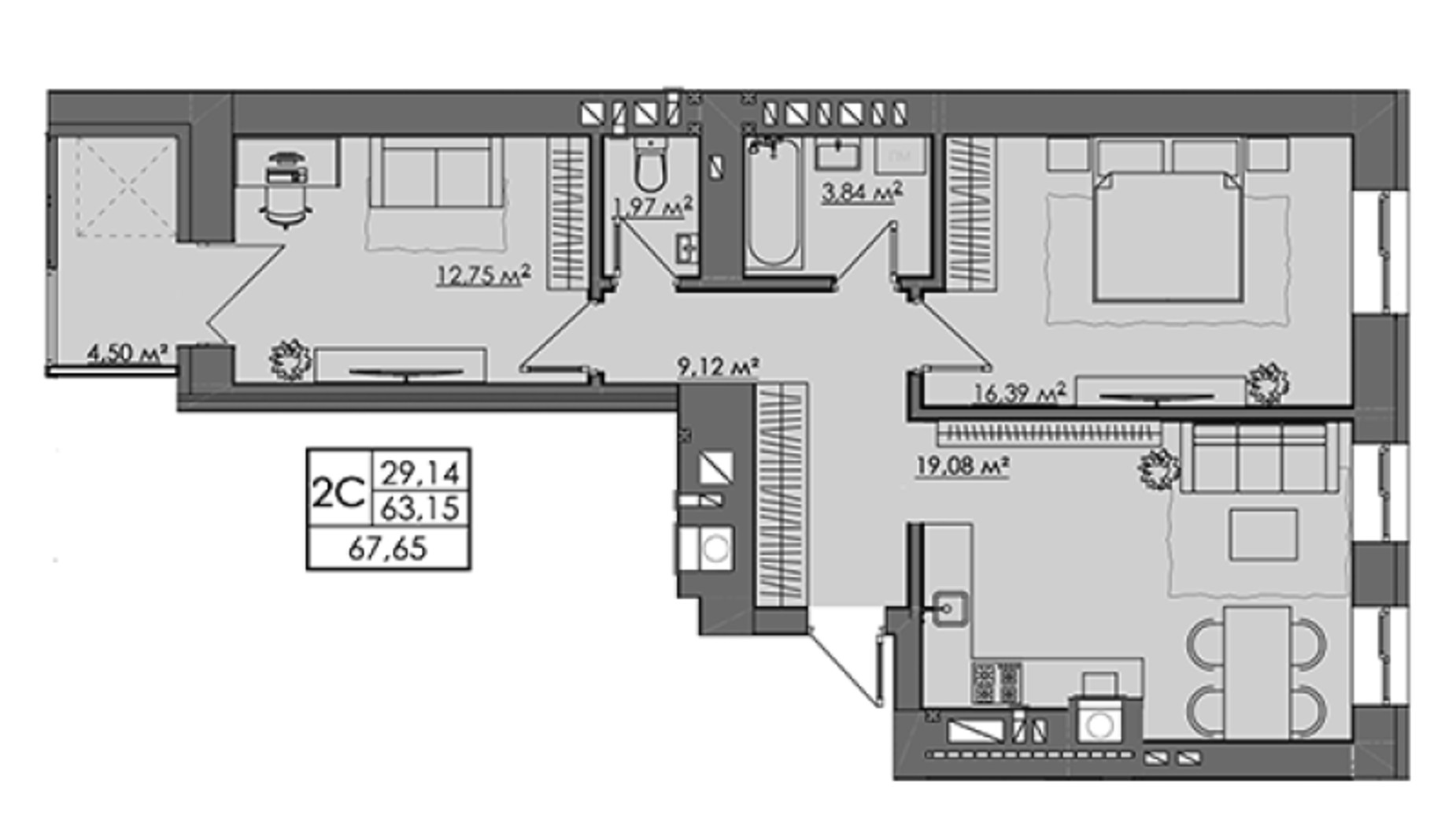 Планировка 2-комнатной квартиры в ЖК Central City apartments 66.79 м², фото 414011