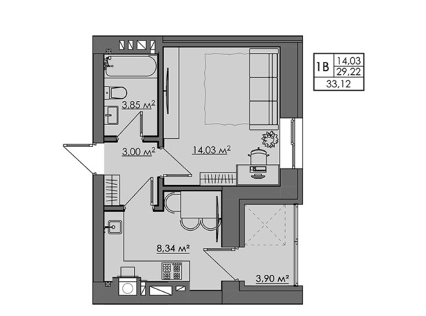 ЖК Central City apartments: планировка 1-комнатной квартиры 32.56 м²