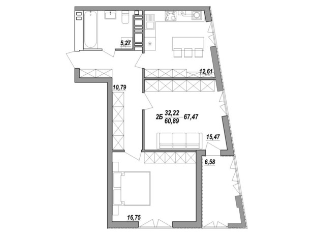 ЖК Адамант: планировка 2-комнатной квартиры 71.4 м²