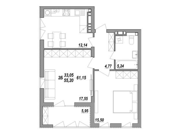 ЖК Адамант: планировка 2-комнатной квартиры 60.7 м²