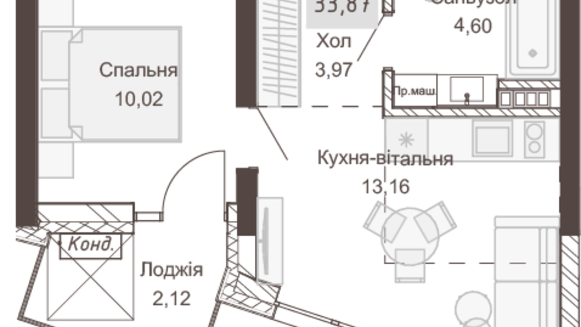 Планування 1-кімнатної квартири в Апарт-комплекс Pokrovsky Apart Complex 33.87 м², фото 414714