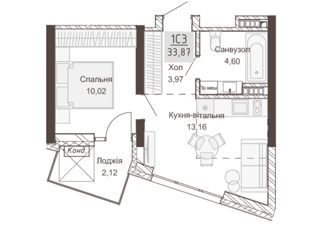 Апарт-комплекс Pokrovsky Apart Complex: планировка 1-комнатной квартиры 33.87 м²