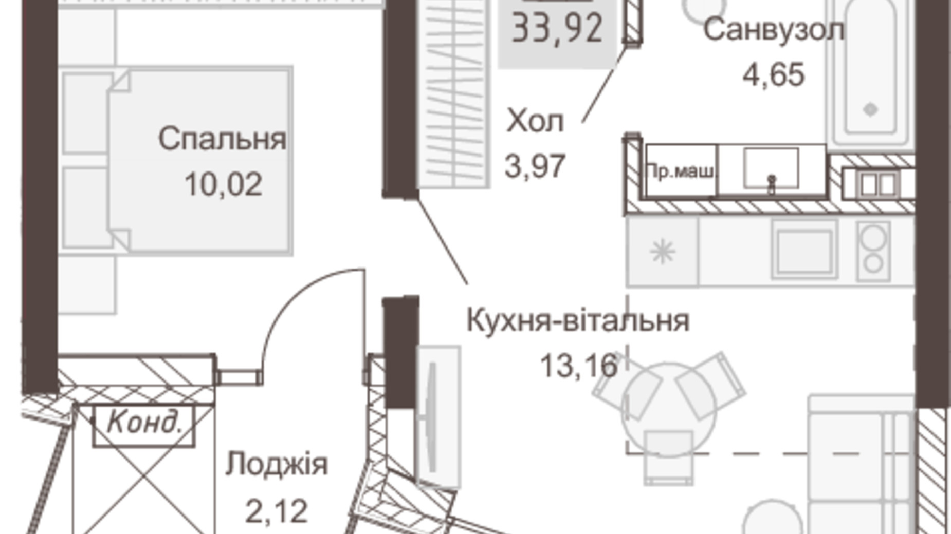 Планування 1-кімнатної квартири в Апарт-комплекс Pokrovsky Apart Complex 33.92 м², фото 414715