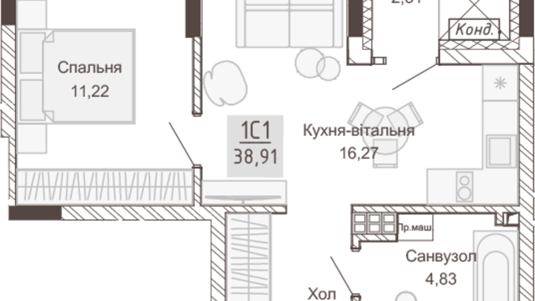 Планування 1-кімнатної квартири в Апарт-комплекс Pokrovsky Apart Complex 38.91 м², фото 414716