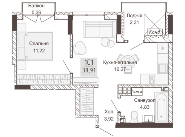 Апарт-комплекс Pokrovsky Apart Complex: планировка 1-комнатной квартиры 38.91 м²