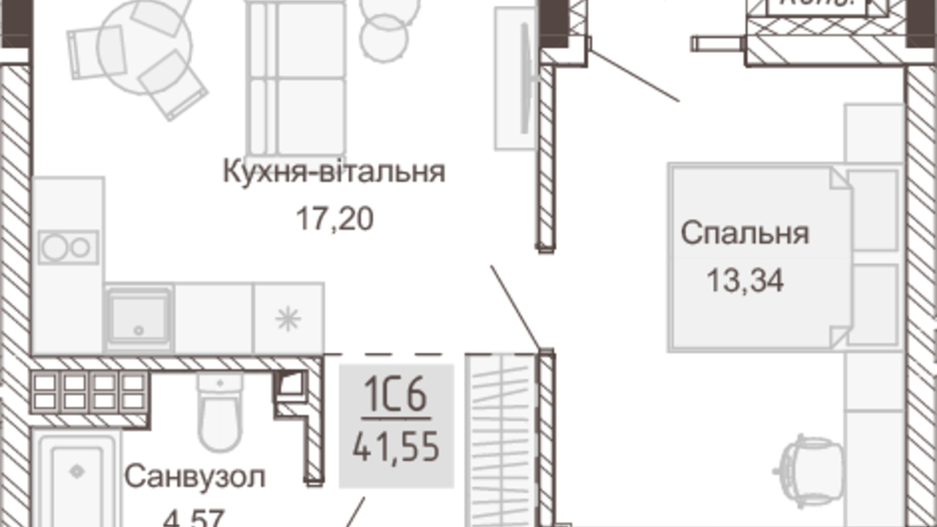 Планировка 1-комнатной квартиры в Апарт-комплекс Pokrovsky Apart Complex 41.55 м², фото 414720