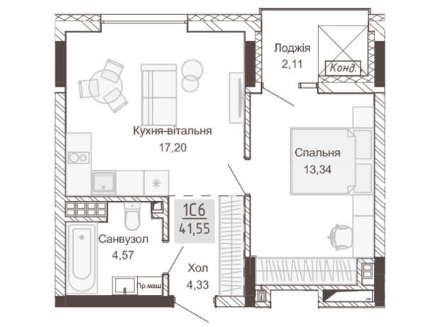Апарт-комплекс Pokrovsky Apart Complex: планування 1-кімнатної квартири 41.55 м²