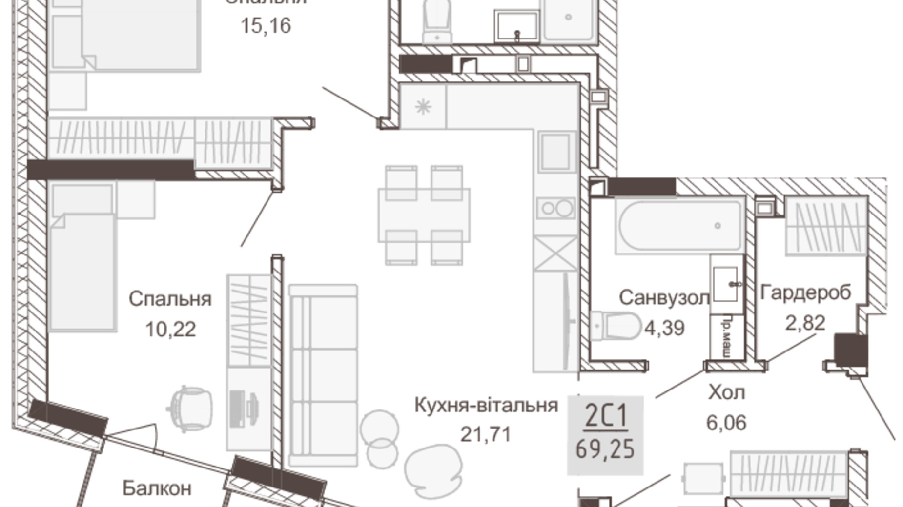 Планування 2-кімнатної квартири в Апарт-комплекс Pokrovsky Apart Complex 69.25 м², фото 414760