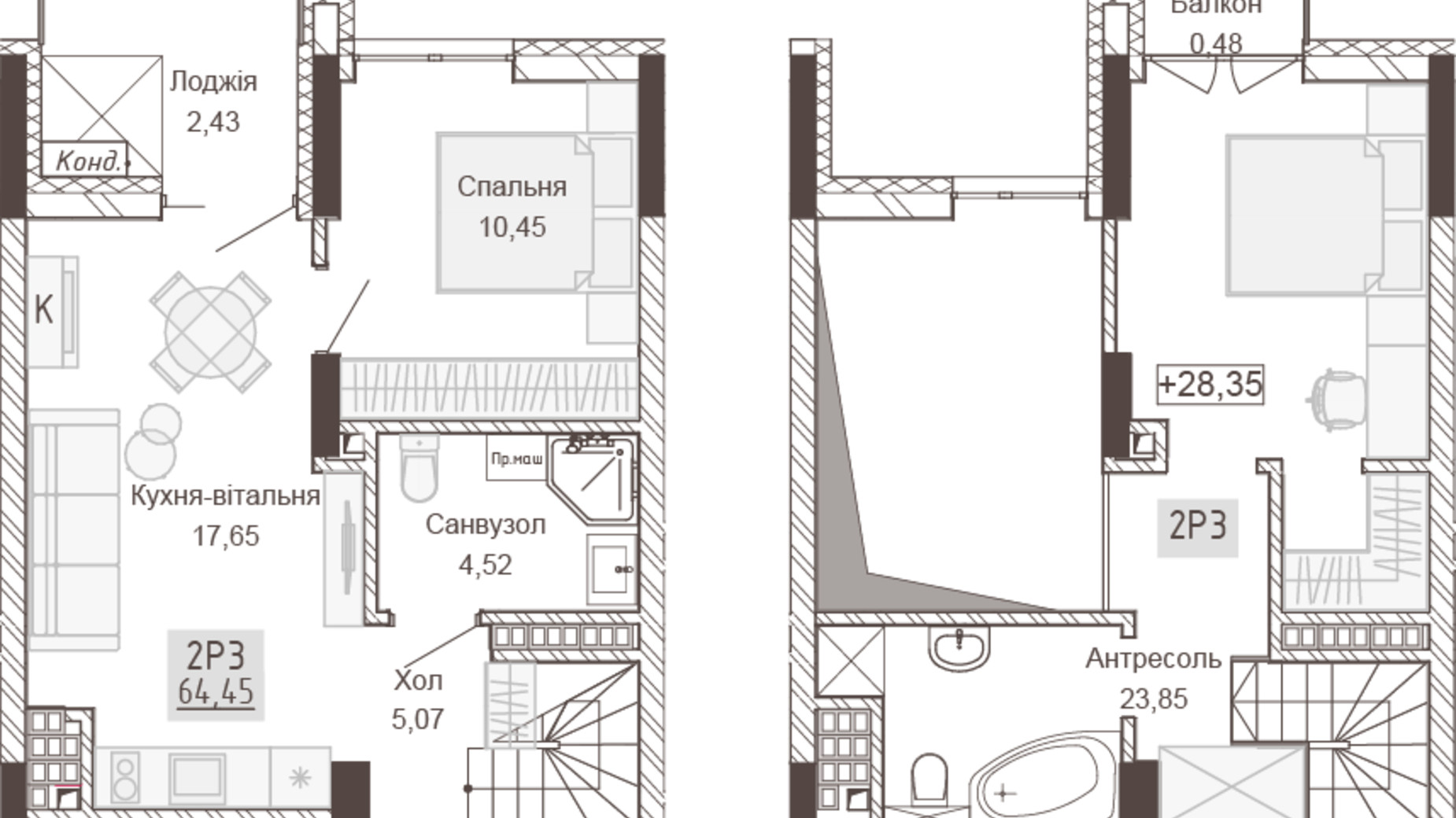 Планування багато­рівневої квартири в Апарт-комплекс Pokrovsky Apart Complex 64.45 м², фото 414764