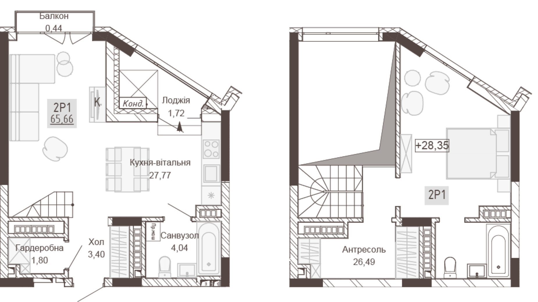 Планування багато­рівневої квартири в Апарт-комплекс Pokrovsky Apart Complex 65.66 м², фото 414765