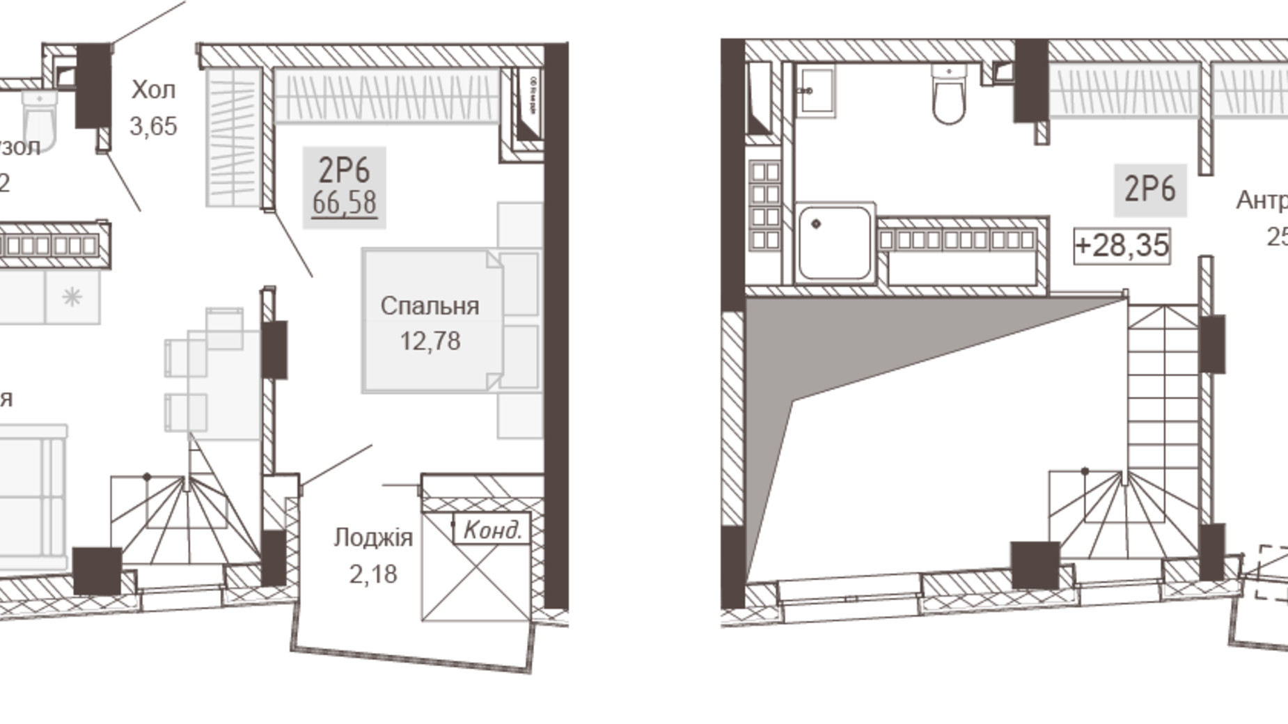 Планування багато­рівневої квартири в Апарт-комплекс Pokrovsky Apart Complex 66.58 м², фото 414767