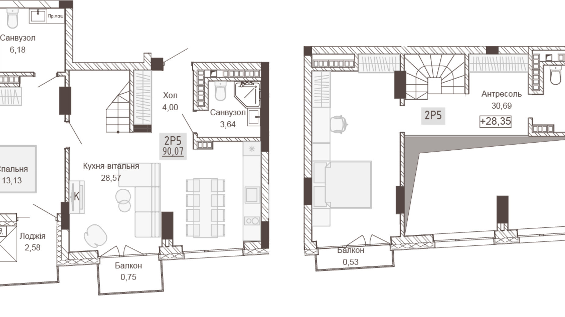 Планування багато­рівневої квартири в Апарт-комплекс Pokrovsky Apart Complex 90.07 м², фото 414768