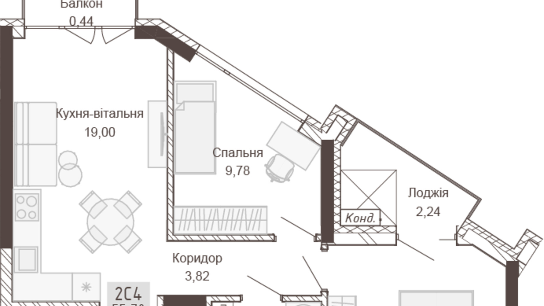 Планування 2-кімнатної квартири в Апарт-комплекс Pokrovsky Apart Complex 55.7 м², фото 414769