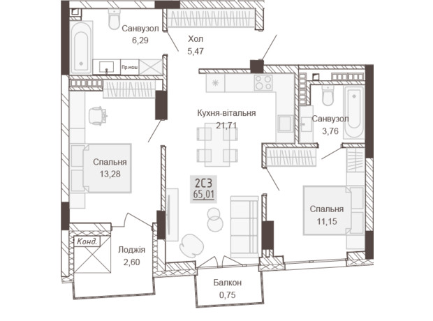 Апарт-комплекс Pokrovsky Apart Complex: планировка 2-комнатной квартиры 65.01 м²
