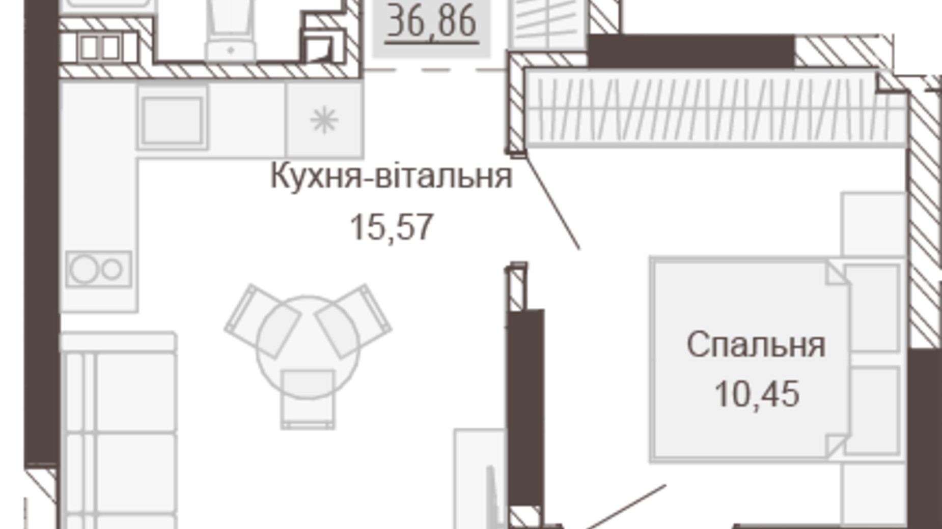 Планування 1-кімнатної квартири в Апарт-комплекс Pokrovsky Apart Complex 36.86 м², фото 414772