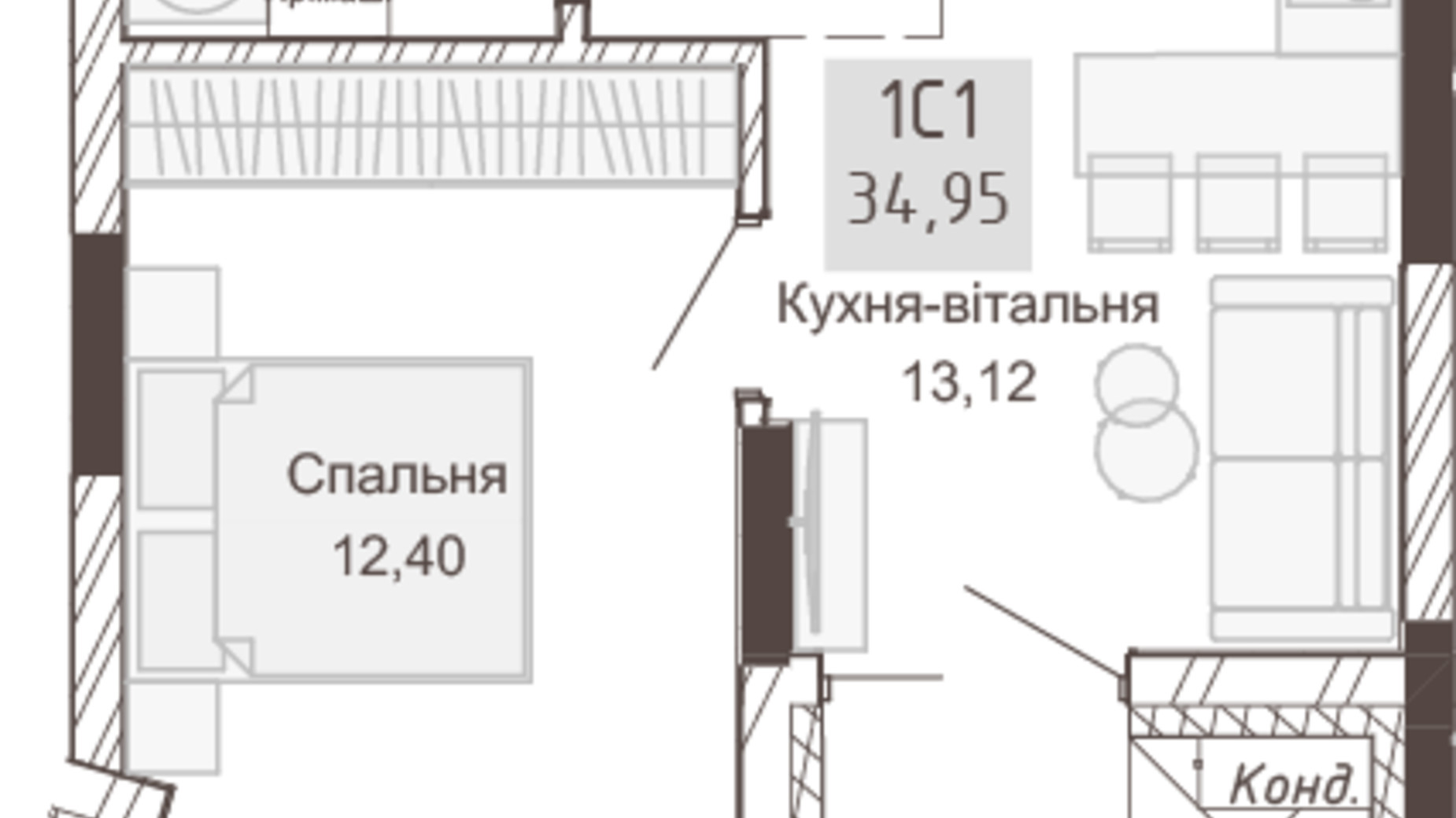 Планування 1-кімнатної квартири в Апарт-комплекс Pokrovsky Apart Complex 34.95 м², фото 414776