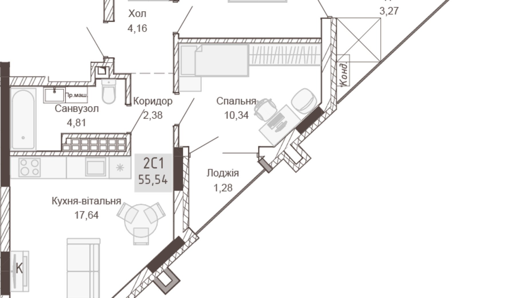 Планування 1-кімнатної квартири в Апарт-комплекс Pokrovsky Apart Complex 55.54 м², фото 414777