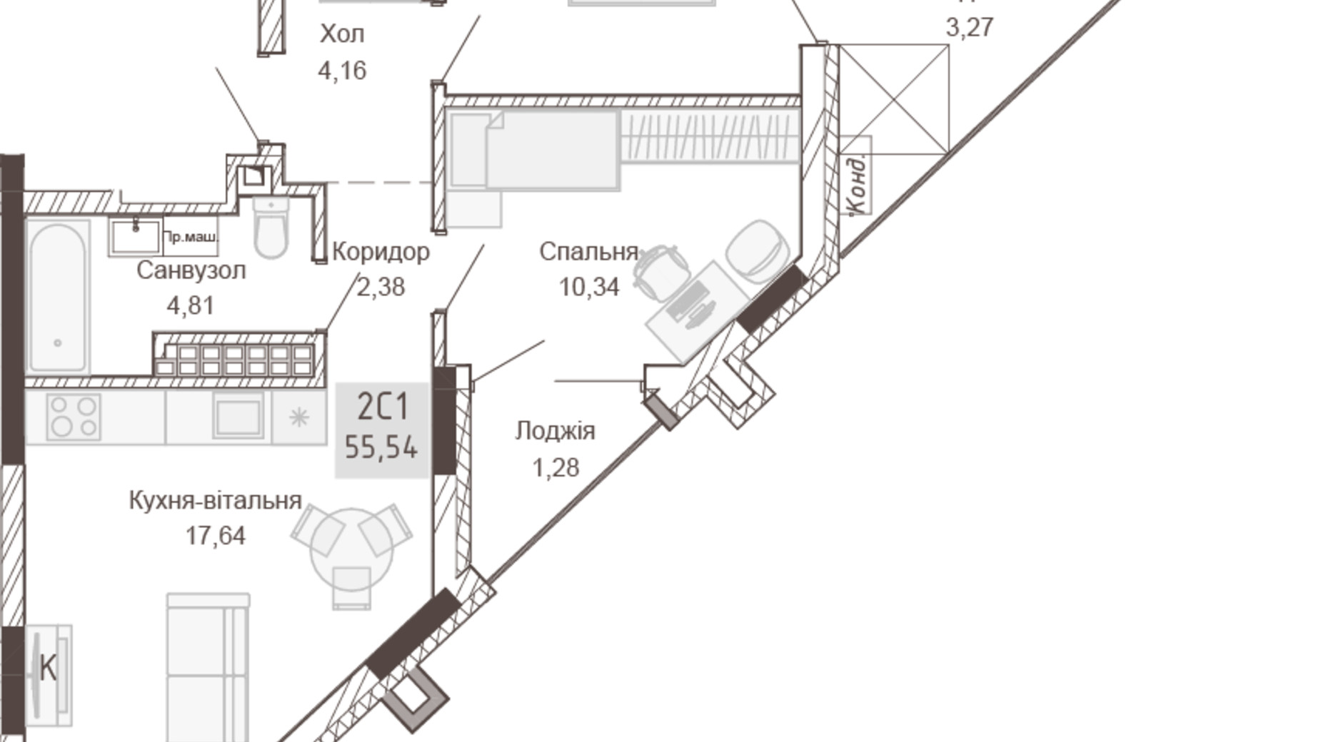 Планування 2-кімнатної квартири в Апарт-комплекс Pokrovsky Apart Complex 55.54 м², фото 414778
