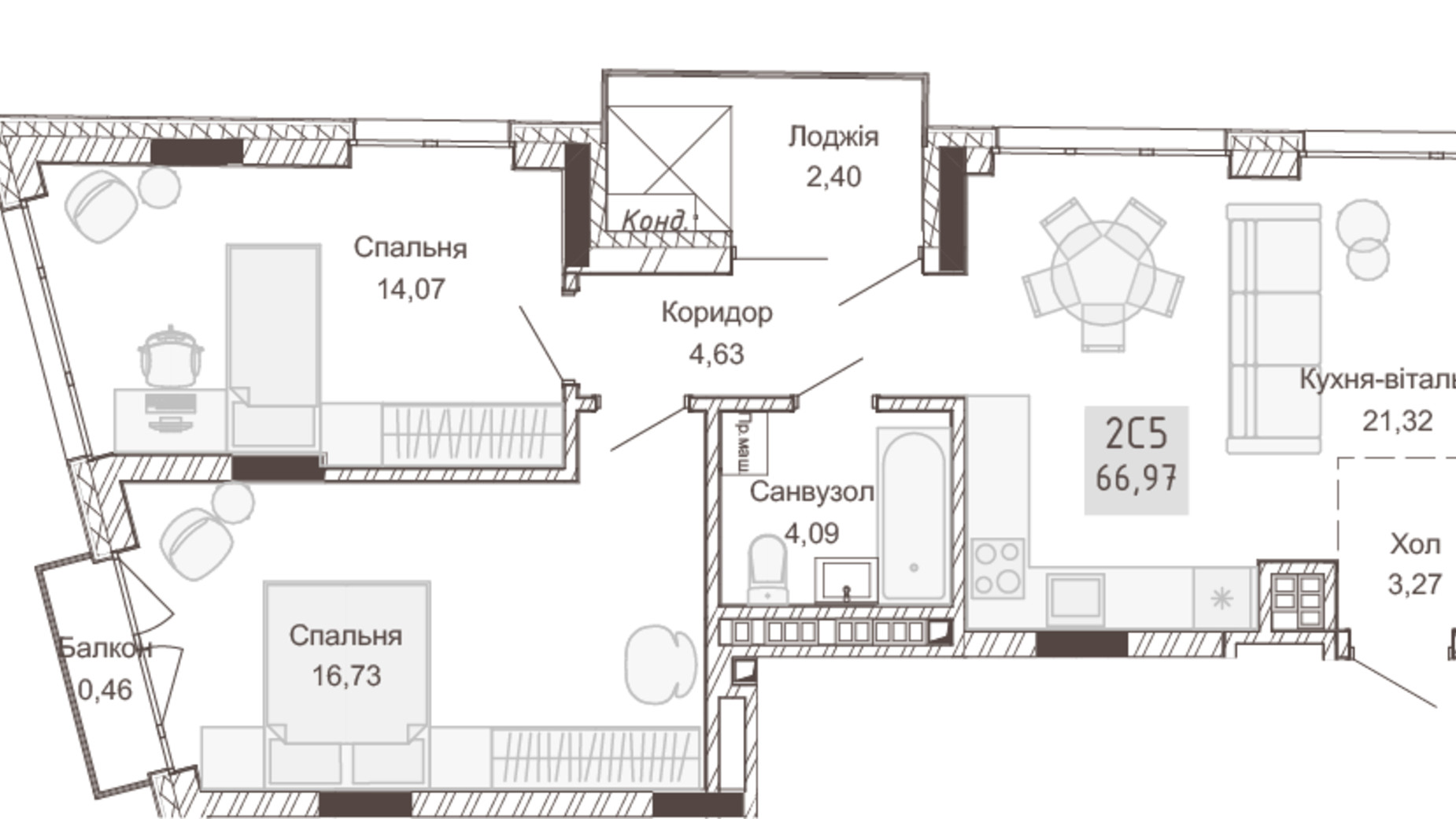 Планування 2-кімнатної квартири в Апарт-комплекс Pokrovsky Apart Complex 66.97 м², фото 414780