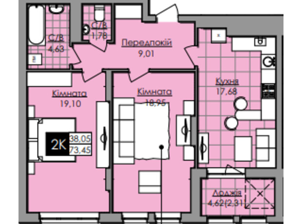 ЖК Lazur Sky: планировка 2-комнатной квартиры 73.45 м²