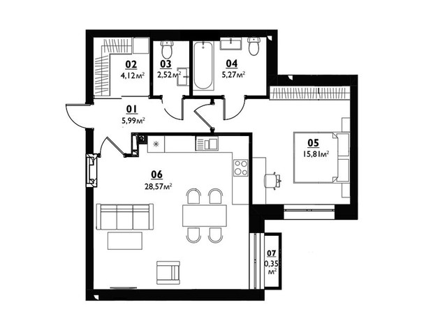 ЖК Білий Шоколад. City Lake: планування 1-кімнатної квартири 62.63 м²