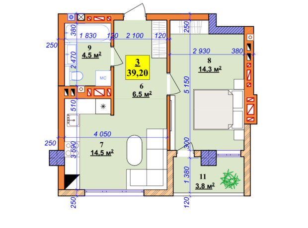 ЖК Central Park: планировка 1-комнатной квартиры 39.2 м²