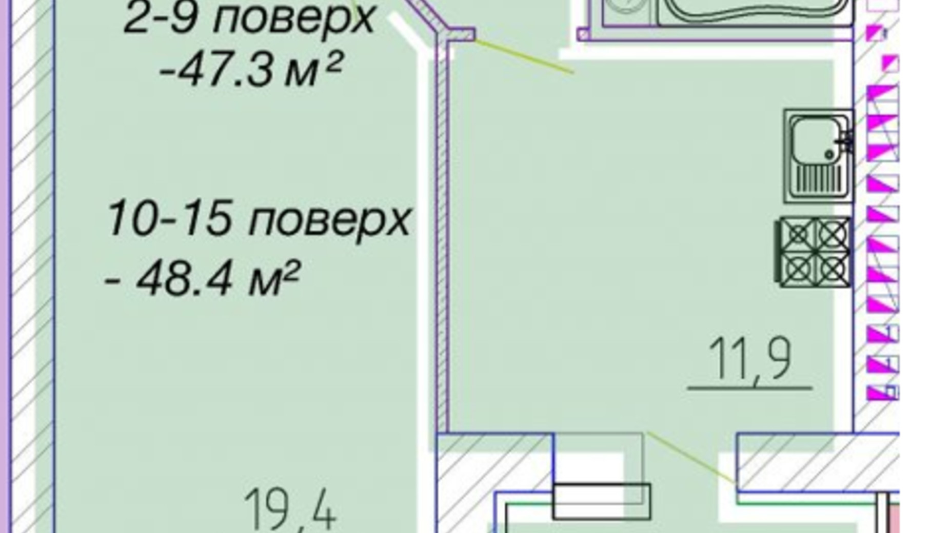 Планування 1-кімнатної квартири в ЖК Графський 48.4 м², фото 415860
