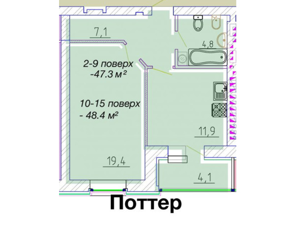 ЖК Графський: планування 1-кімнатної квартири 48.4 м²