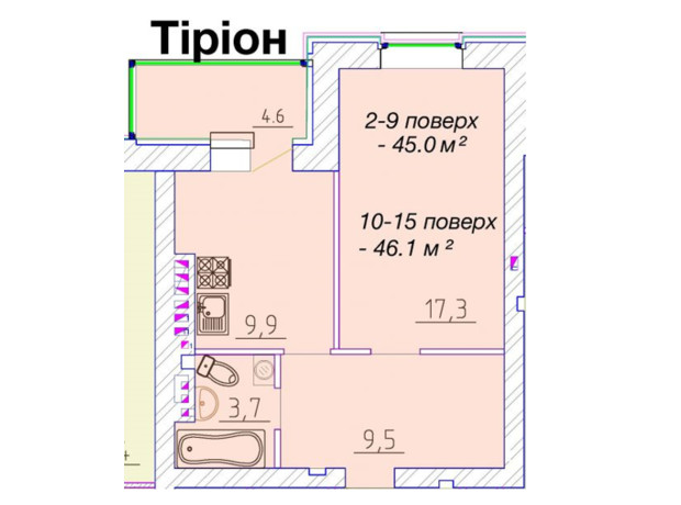 ЖК Графский: планировка 1-комнатной квартиры 45 м²