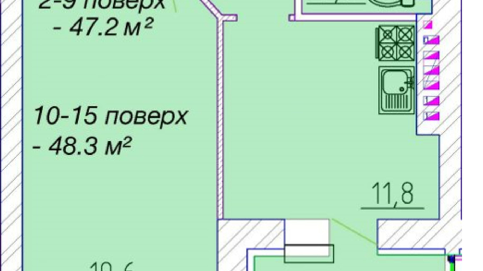 Планування 1-кімнатної квартири в ЖК Графський 48.3 м², фото 415864