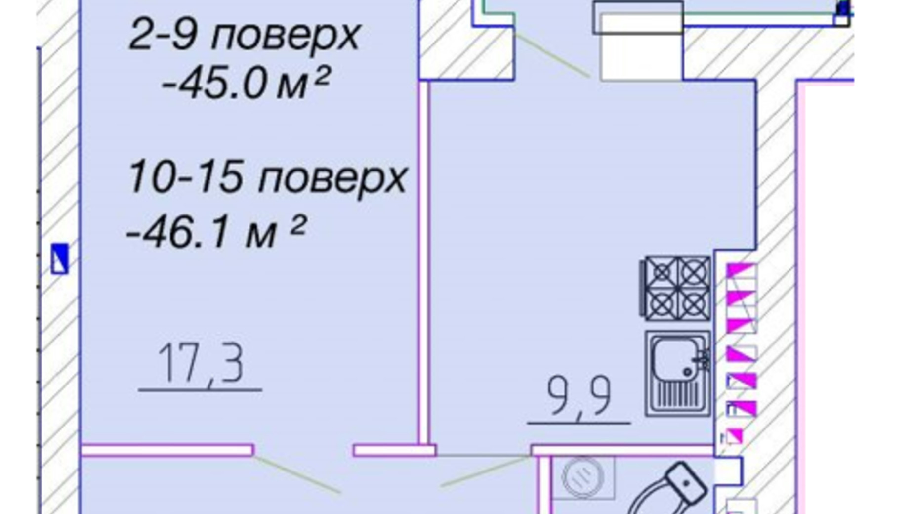 Планування 1-кімнатної квартири в ЖК Графський 46.1 м², фото 415865