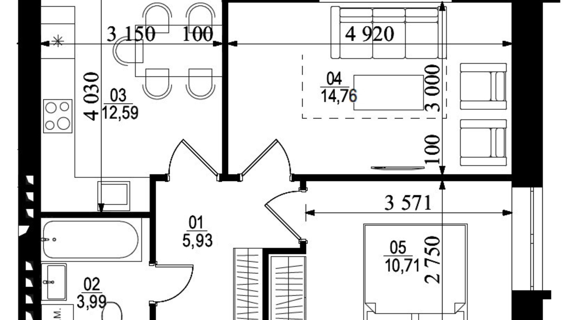 Планування 2-кімнатної квартири в ЖК Білий Шоколад. City Lake 48 м², фото 416012