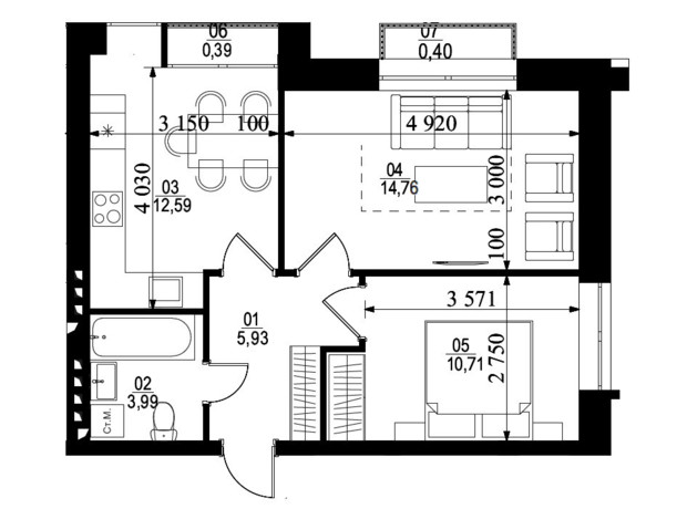 ЖК Белый Шоколад. City Lake: планировка 2-комнатной квартиры 48 м²