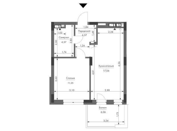 ЖК Gravity Park: планування 1-кімнатної квартири 39.07 м²