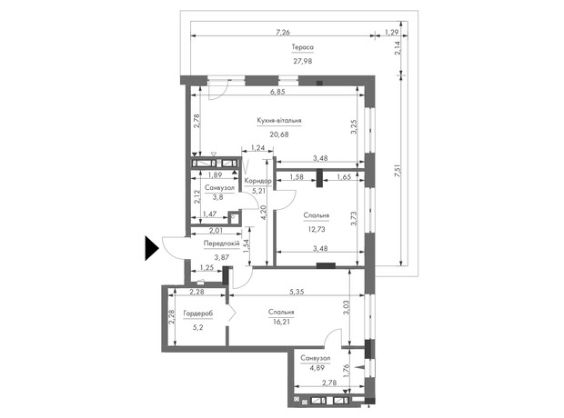 ЖК Gravity Park: планировка 2-комнатной квартиры 80.99 м²