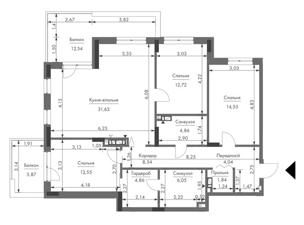 ЖК Gravity Park: планировка 3-комнатной квартиры 107.16 м² ЖК Gravity Park: планировка 3-комнатной квартиры 107.16 м²