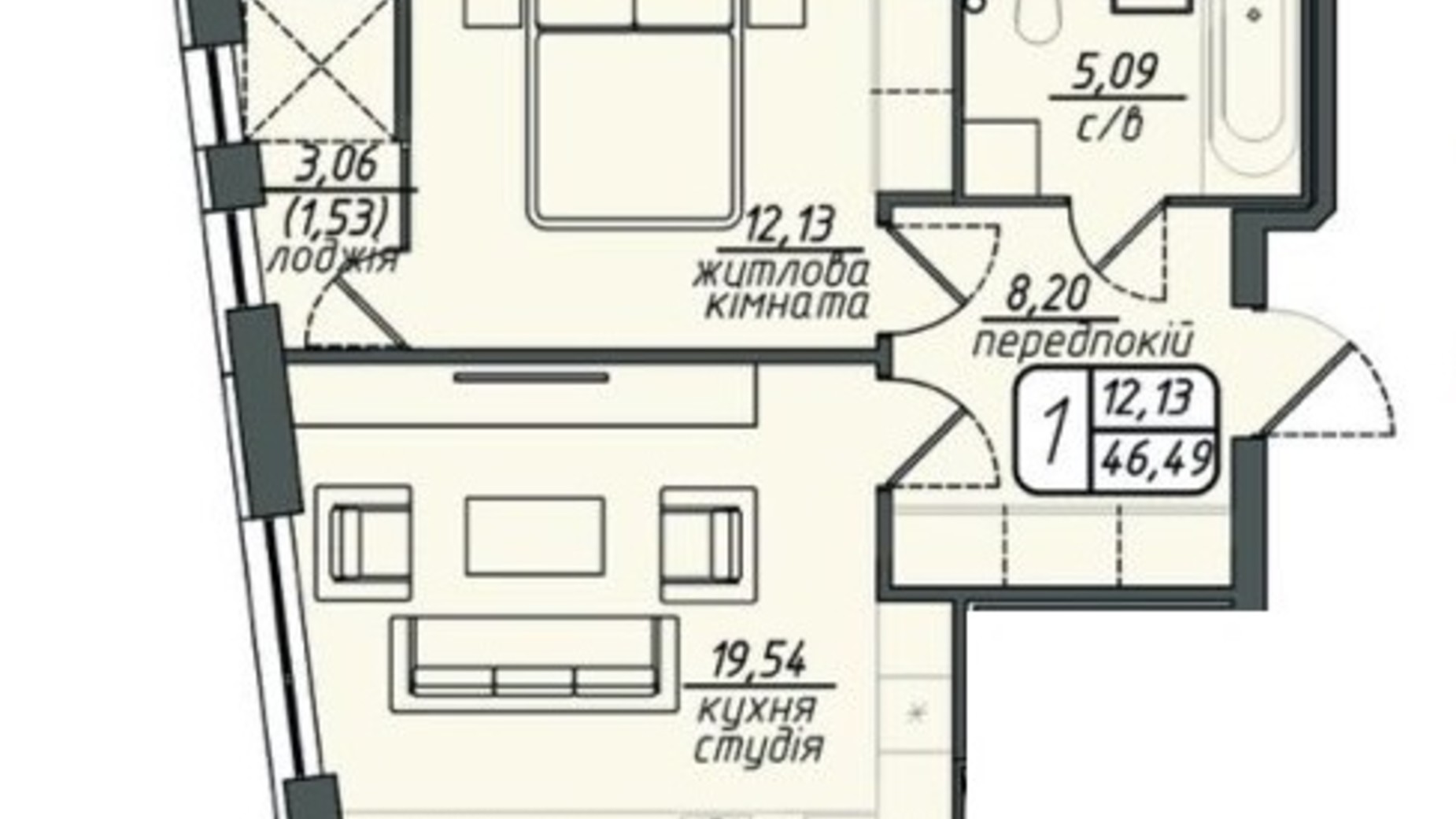 Планировка 1-комнатной квартиры в ЖК Hills 46.49 м², фото 418341